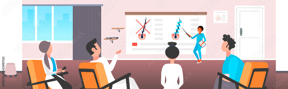 dermatologist explaining hair follicle structure for doctors team hair keratin strengthening treatment presentation healthcare concept office interior horizontal vector illustration dermatologist explaining hair follicle structure for doctors team hair keratin strengthening treatment presentation healthcare concept office interior horizontal vector illustration