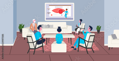 doctors team watching online tv presentation about human muscles anatomy muscle mass healthcare concept hospital room interior horizontal full length vector illustration