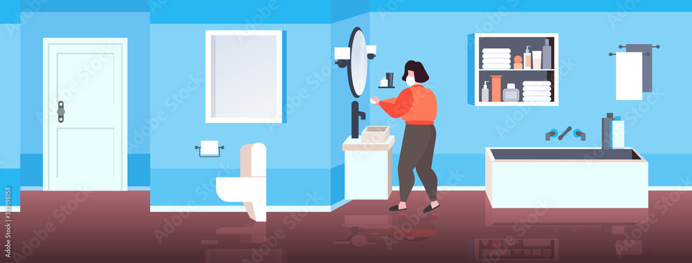 Obraz premium woman in face mask washing hands with soap coronavirus pandemic prevention concept bathroom interior horizontal full length vector illustration