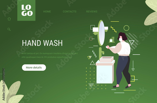 woman in face mask washing hands with soap in bathroom coronavirus pandemic prevention concept horizontal full length copy space vector illustration photo