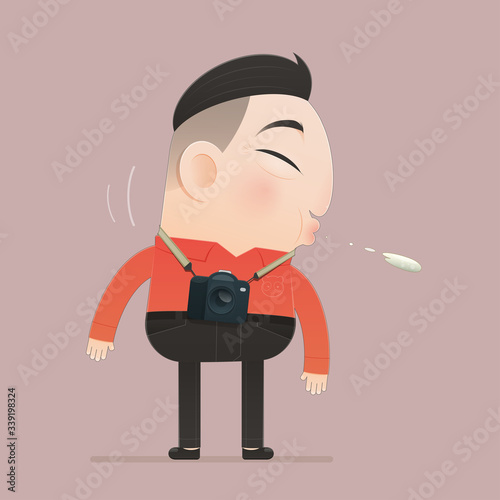 illustration Asian man spits on the floor, Flat character cartoon design.
