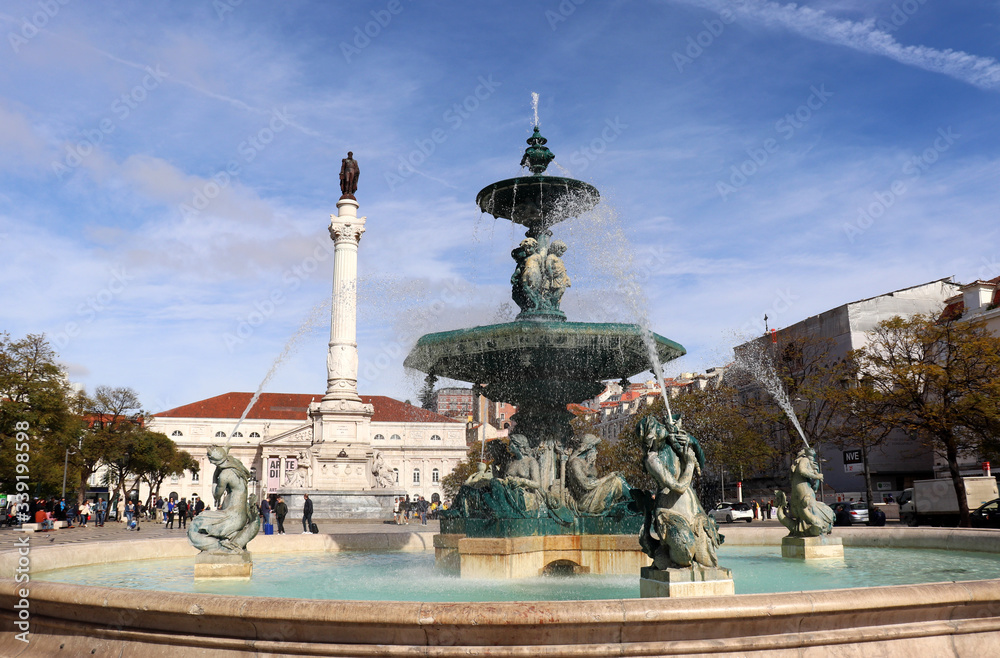 View of the King Pedro IV Square (popularly known as Rossio) in Lisbon, Portugal. It is located in the Baixa Pombalina (Pombaline Downtown).