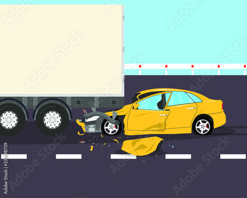 The driver was distracted by a phone call and did not notice the truck on the road. Vector illustration