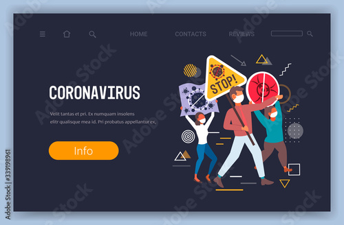 people in protective mask holding banners demonstrating against covid-19 pandemic stop coronavirus concept horizontal full length copy space vector illustration