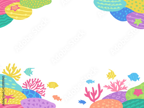 珊瑚礁と熱帯魚のイラスト四隅フレームセット
