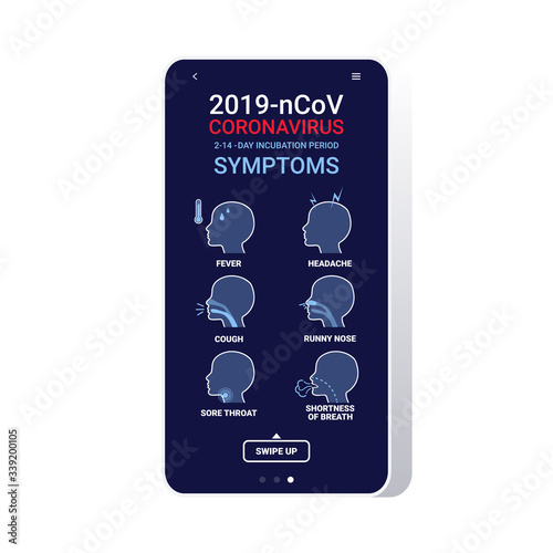 2019-nCoV coronavirus symptoms fever cough sore throat headache runny nose shortness of breath medical consultation healthcare concept smartphone screen mobile app vector illustration