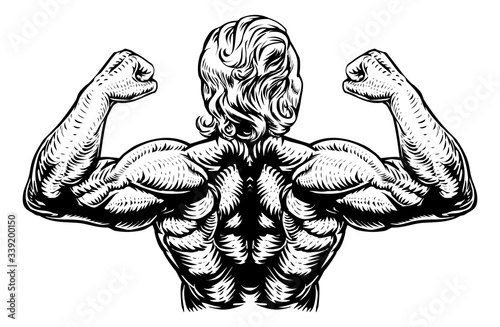 A gym back muscles muscular bodybuilder with strong arms concept in retro woodcut style photo