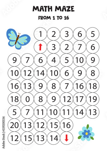 Mathematical maze for kids. Cartoon vector butterfly and flower.