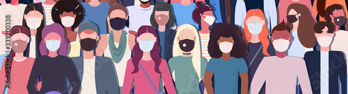 crowd of people wearing medical masks coronavirus 2019-nCoV epidemic disease pandemic quarantine concept mix race men women standing together horizontal vector illustration