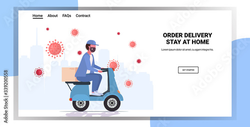 man courier in mask riding scooter coronavirus outbreak prevention order delivery stay at home concept horizontal copy space full length vector illustration
