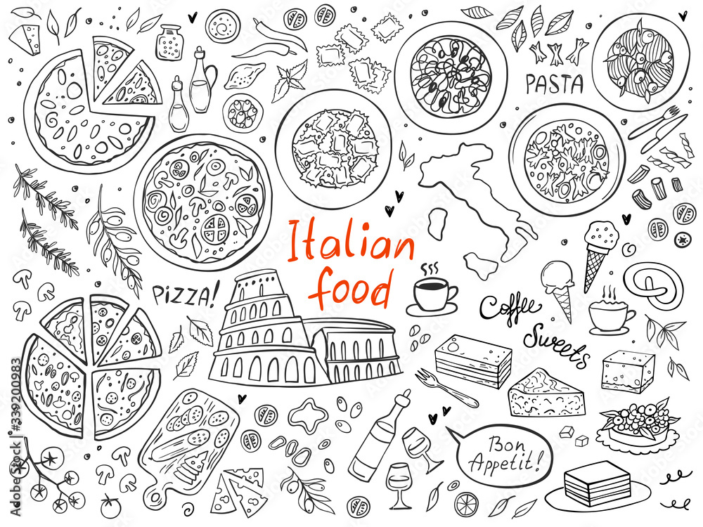 Set of Italian cuisine food isolated on white background. Doodle. Vector illustration. Perfect for food menu design template.