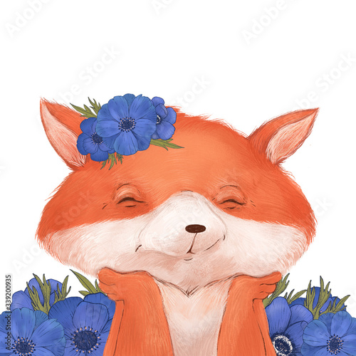 
Cute cartoon character fox in a wreath of flowers. A happy fox sits  surrounded by blue anemone flowers. Isolated drawing on a white background for a children's poster or greeting card photo