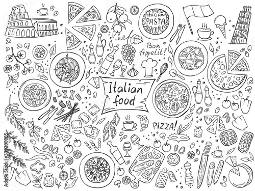 Set of Italian cuisine food isolated on white background. Doodle. Vector illustration. Perfect for food menu design template.