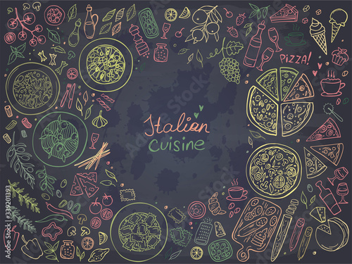 Set of Italian cuisine food on chalkboard. Vector illustration. Perfect for food menu design template.