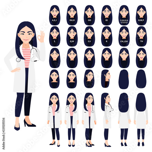 Cartoon character with professional doctor in smart uniform for animation. Front, side, back, 3-4 view character. Separate parts of body. Flat vector illustration.