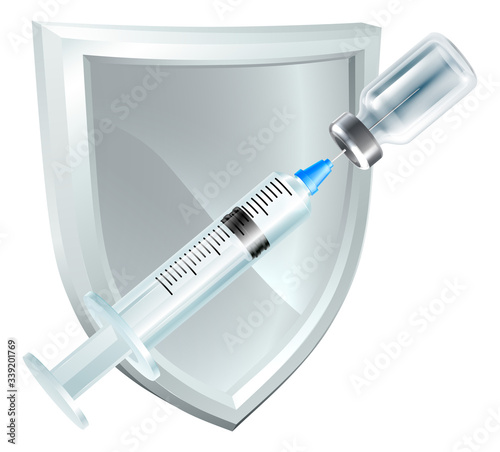 A vaccination immunization or other medicine syringe injection with shield medical concept