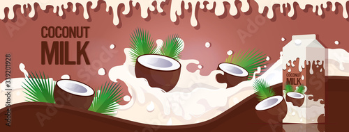 vegan plant based coconut milk with splashing liquid organic dairy free natural organic milk in paper packaging horizontal vector illustration