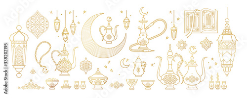 Vector set with arabic elements for Ramadan Greetings, Iftar Party  invitation. Arabic hookah, coffee pot, crescent, Eastern lanterns for Iftar, Eid Al-Fitr decoration. Muslim feast of Ramadan month. 