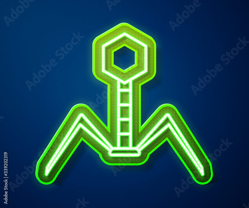 Glowing neon line Bacteria bacteriophage icon isolated on blue background. Bacterial infection sign. Microscopic germ cause diseases concept.  Vector Illustration