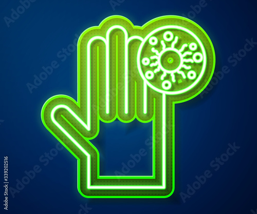 Glowing neon line Hand with virus icon isolated on blue background. Corona virus 2019-nCoV. Bacteria and germs, cell cancer, microbe, fungi.  Vector Illustration