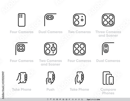 Phone Multi-camera Systems icons set. Ultra Wide, Wide, Telephoto Cameras, Scanner, AR, Lidar