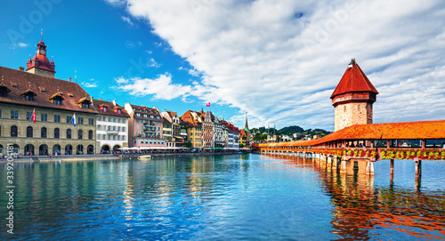 Famous city and historic city center view of Lucerne with famous Chapel Bridge and lake Lucerne (Vierwaldstattersee), Canton of Lucerne, Switzerland