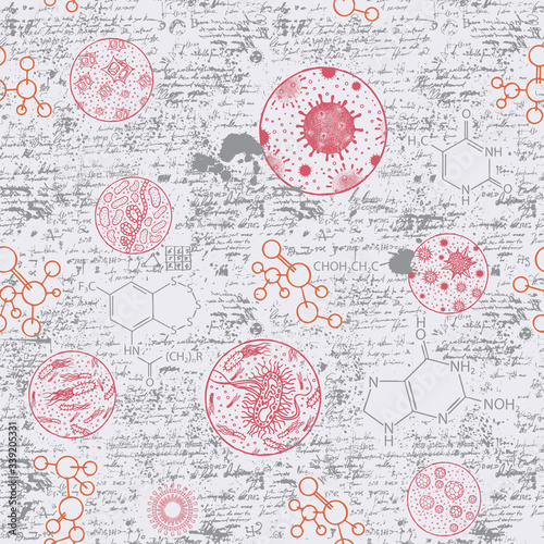 Abstract seamless pattern on the theme of biology, genetics, chemistry, medicine. Vector background with hand-drawn bacterial cells, illegible notes and ink spots in retro style