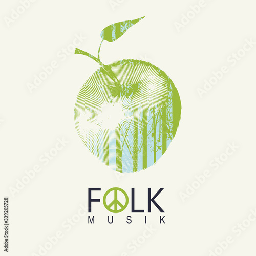 Vector poster or cover on the theme of a folk music decorated with green apple and silhouettes of trees on a light background. Music collection