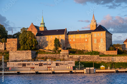 Oslo, Norway - Sunset view of medieval Akershus Fortress - Akershus Festning - historic royal residence at Oslofjorden sea shore