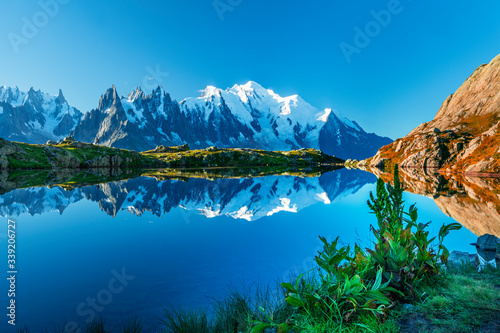 Magical sunset panorama of the Lac Blanc lake and Mont Blanc  Monte Bianco  on background  Chamonix location. Beautiful outdoor scene in Vallon de Berard Nature Reserve  France 