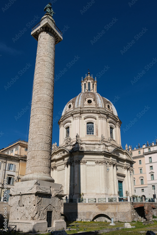 Colonna Traiana and Chiesa dei Fori, Fori Imperiali, Rome, Lazio, Italy