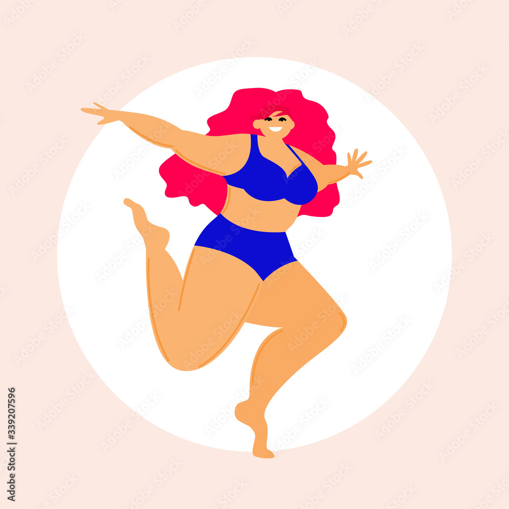 Cartoon lady in swimsuit card template. Summer girl  fashion look for design party card, sale advertising, spa resort poster, t shirt or bag print etc.