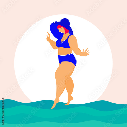 Cartoon lady in swimsuit card template. Summer girl  fashion look for design party card  sale advertising  spa resort poster  t shirt or bag print etc.