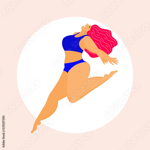 Cartoon lady in swimsuit card template. Summer girl  fashion look for design party card, sale advertising, spa resort poster, t shirt or bag print etc.