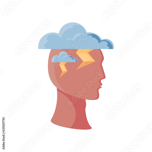 human head with rain clouds on white background