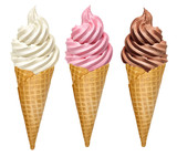Strawberry, vanilla and chocolate whip soft ice creams or frozen custard in cone isolated on white background.  Including clipping path.