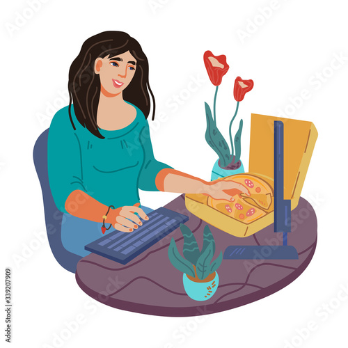 Woman cartoon character snacking during work at computer, flat vector illustration isolated. Girl eating pizza. Food and eating at home, business lunch time.