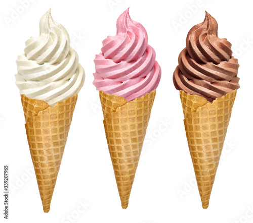 Strawberry, vanilla and chocolate whip soft ice creams or frozen custard in cone isolated on white background. Including clipping path.