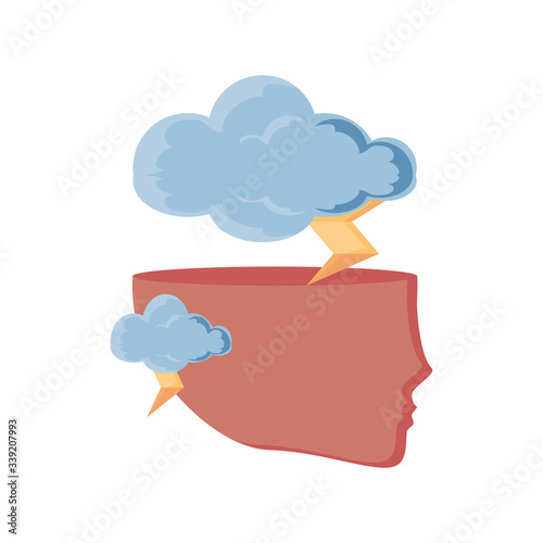 human head with rain clouds on white background