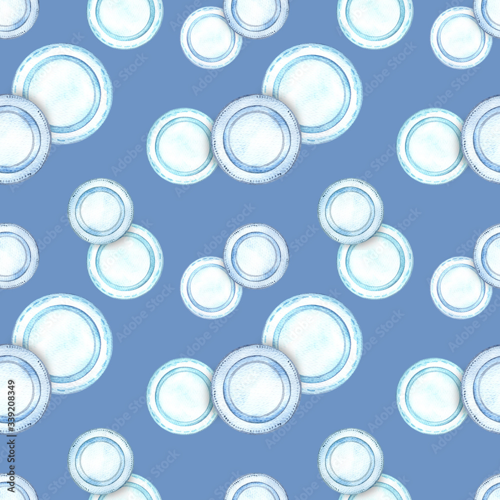 Seamless pattern, plates, watercolor. Design for kitchen, cafe, and interior.
