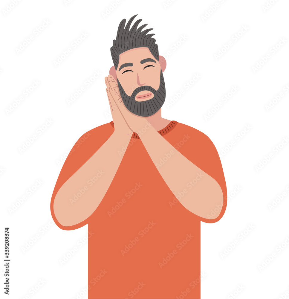 Obraz premium Bearded man sleeping tired dreaming and posing with hands together while smiling with closed eyes. Vector illustration in cartoon style.