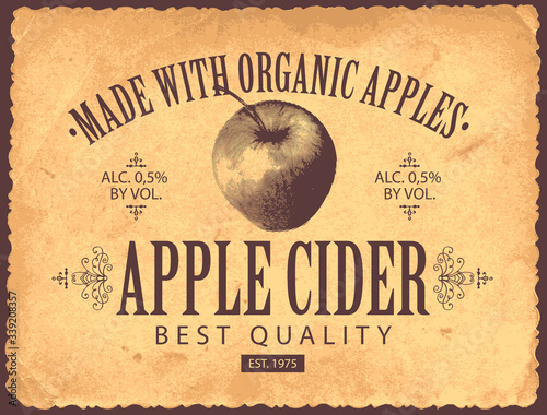 Vector label for Apple cider with a realistic image of an apple and inscriptions on the old paper background. Monochrome illustration in vintage style.