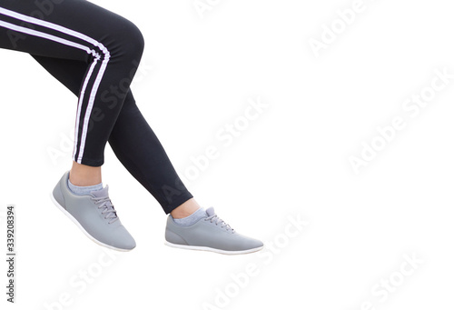 Closeup woman legs with relaxing prepare for running isoletd on white background, health care concept