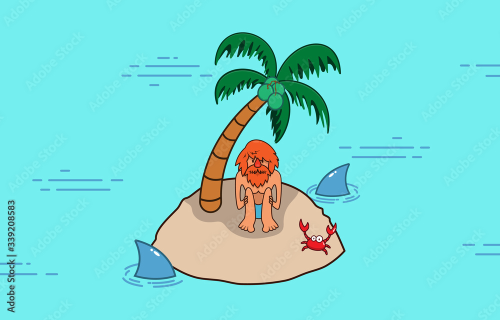 Castaway man stranded on a desert island waiting for help, social distancing theme, stay away from the crowd of humans Cartoon Vector