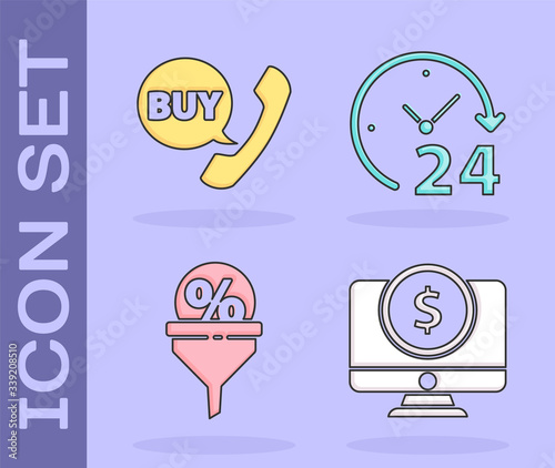 Set Computer monitor with dollar, Phone and speech bubble with Buy, Lead management and Clock 24 hours icon. Vector
