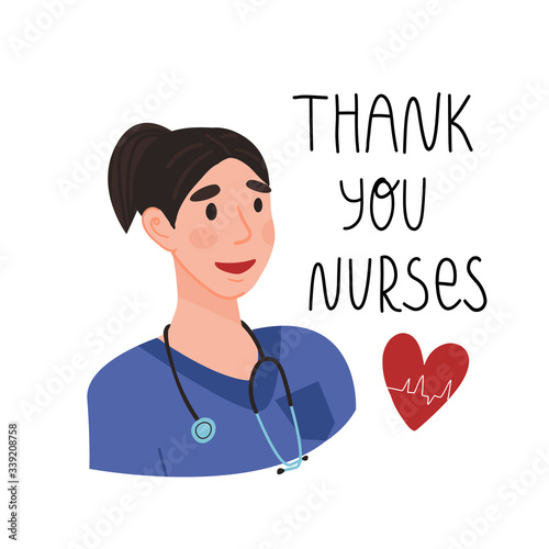 Thank you nurses hand lettering text, heart with cardiogram of heartbeat and smiling nurse with stethoscope on her shoulders. Gratitude for saving lives and overworking because of Covid-19 concept. 