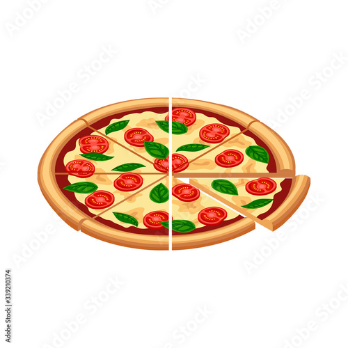 Tasty sliced pizza margherita with tomato, cheese, basil isometric view isolated on white background. Flat traditional italian fast food icon. 3d vector illustration for web, advert, menu, app