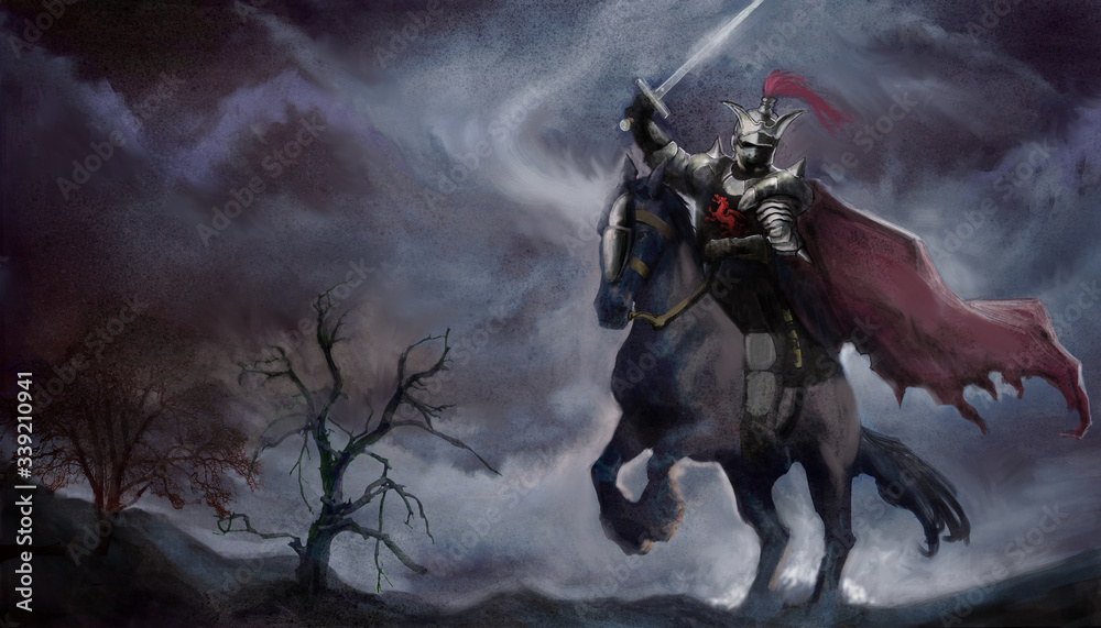 fantasy knight with sword on dark horse against stormy background fantasy knight with sword on dark horse against stormy background