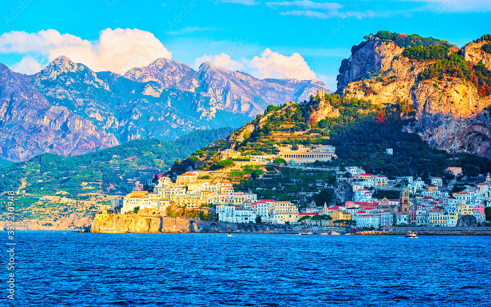 Amalfi town and Tyrrhenian sea in autumn reflex
