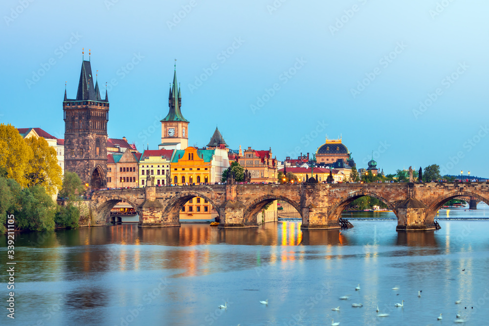 Prague - amazing view on old town, Charles bridge and Vltava river, Czech Republic  
